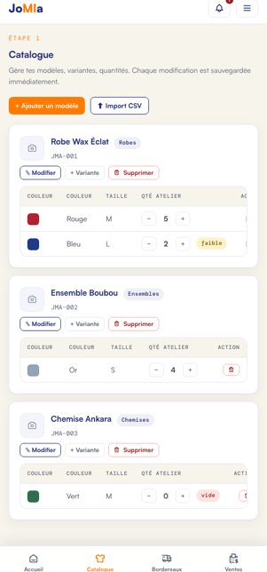 Interface JoMIa — suivi des stocks et des ventes
